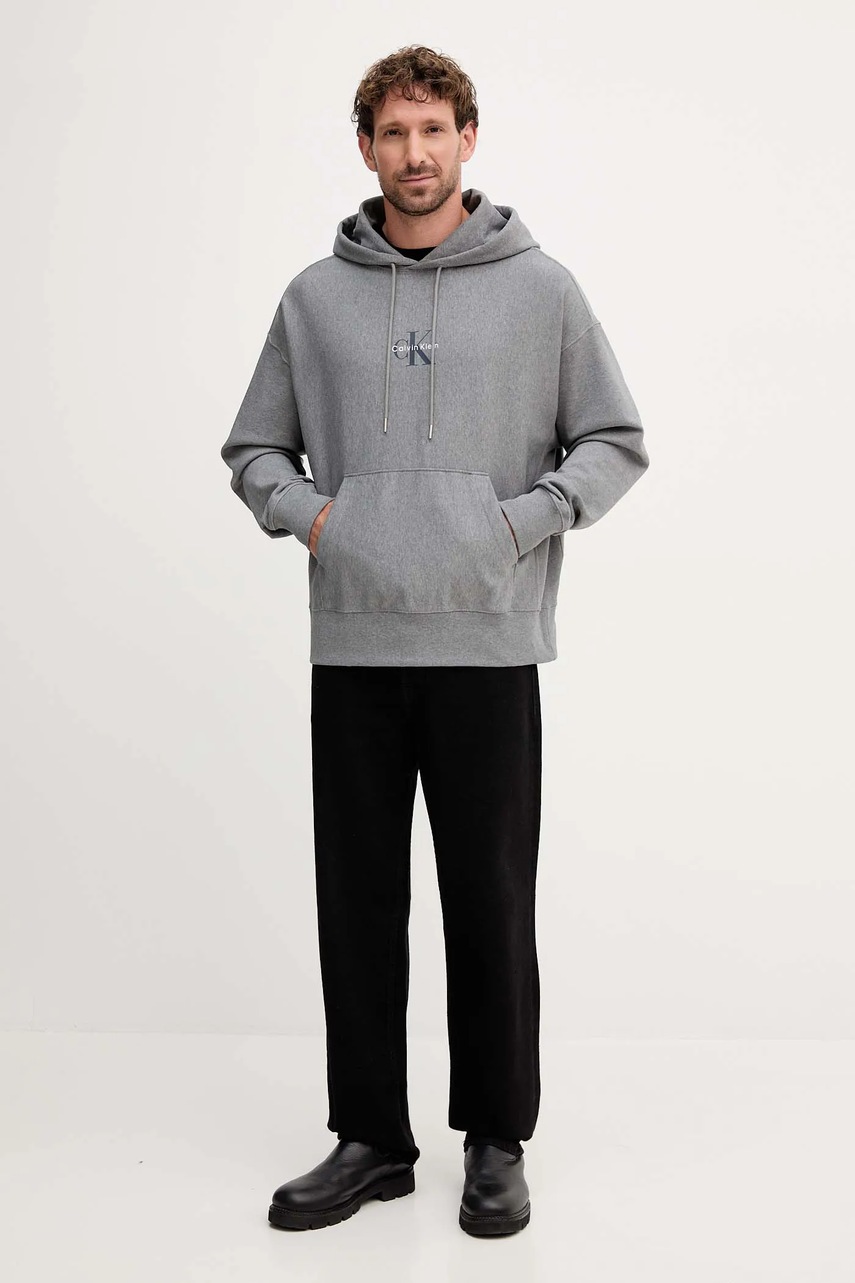 Кофта Calvin Klein Jeans цвет серый с капюшоном с принтом LV04RC281G