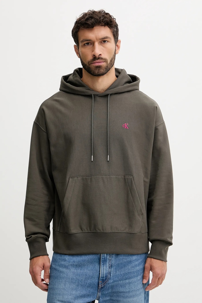 Levně Mikina Calvin Klein Jeans pánská, hnědá barva, s kapucí, s potiskem, LV04RC281G