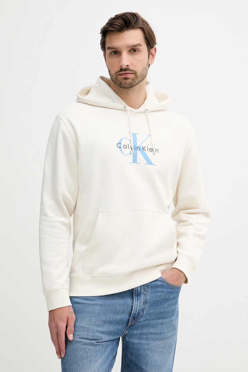 Levně Mikina Calvin Klein Jeans pánská, béžová barva, s kapucí, s potiskem, LV04RC282G