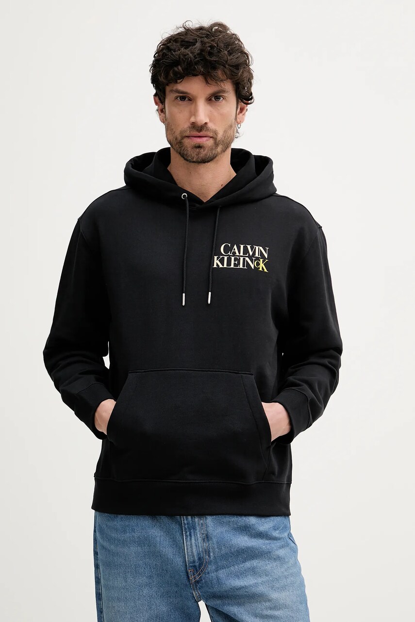 Levně Mikina Calvin Klein Jeans pánská, černá barva, s kapucí, s potiskem, LV04RC283G