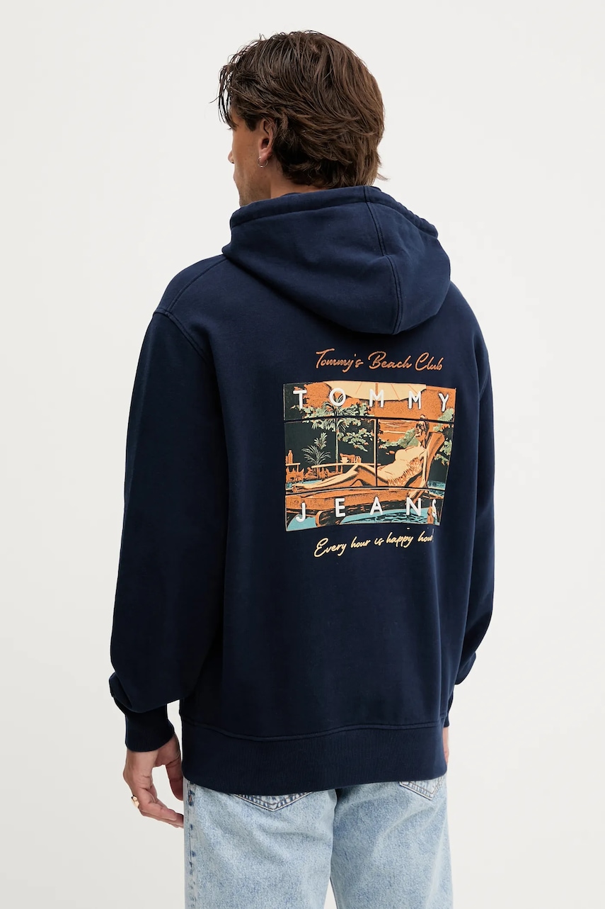 Tommy Jeans hanorac de bumbac culoarea bleumarin, cu glugă, cu imprimeu, DM0DM21373