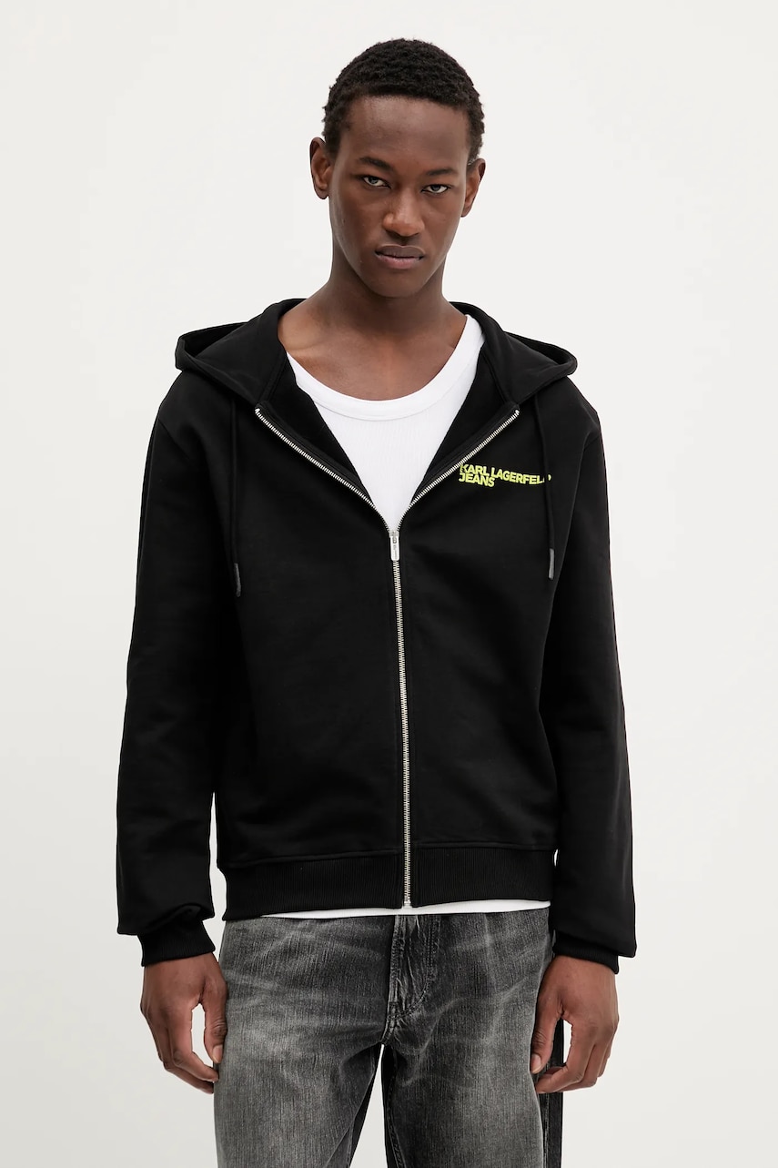 Karl Lagerfeld Jeans hanorac de bumbac culoarea negru, cu glugă, cu imprimeu, A3M20030