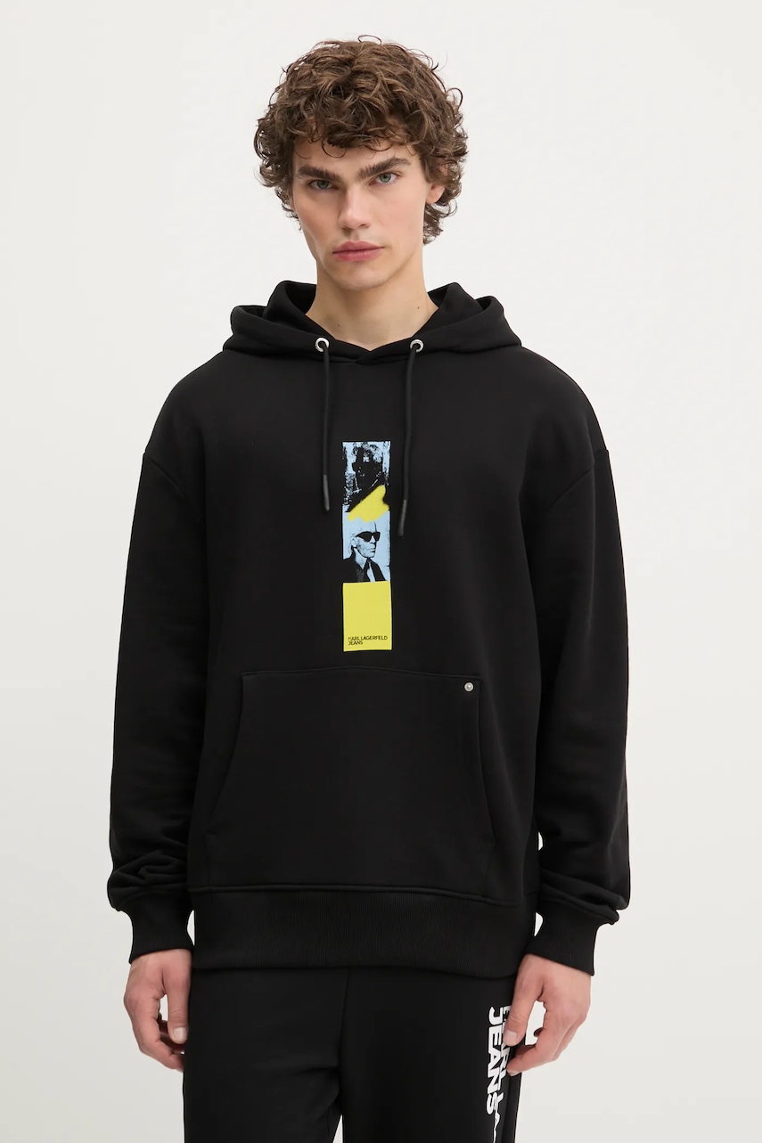 Karl Lagerfeld Jeans hanorac de bumbac culoarea negru, cu glugă, cu imprimeu, A3M20031 Karl Lagerfeld Jeans hanorac de bumbac culoarea negru, cu glugă, cu imprimeu, A3M20031