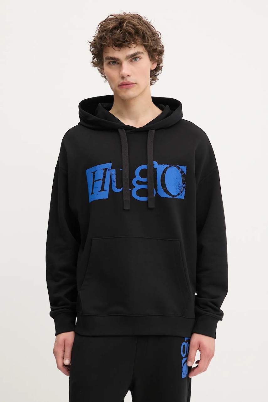 Levně Bavlněná mikina Hugo Blue pánská, černá barva, s kapucí, s potiskem, 50542796