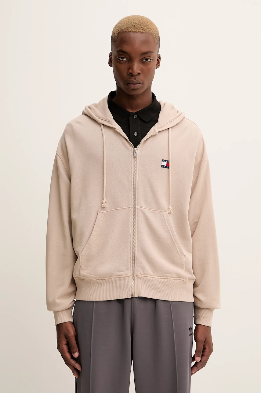 Tommy Jeans hanorac de bumbac culoarea maro, cu glugă, cu imprimeu, DM0DM22080