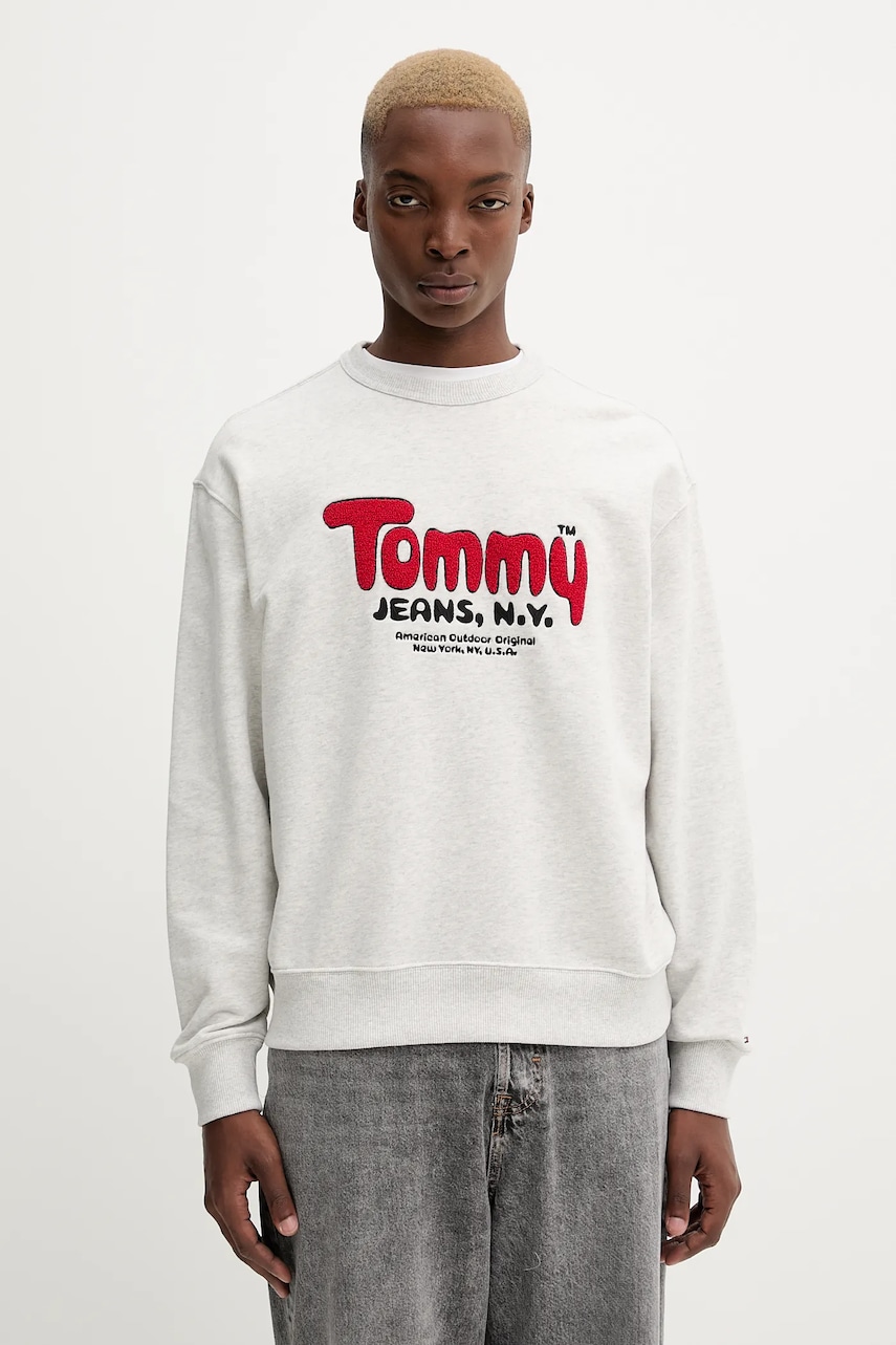 Tommy Jeans hanorac de bumbac culoarea gri, cu imprimeu, DM0DM22087