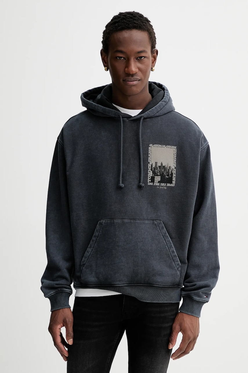 Tommy Jeans hanorac de bumbac culoarea bleumarin, cu glugă, cu imprimeu, DM0DM22090