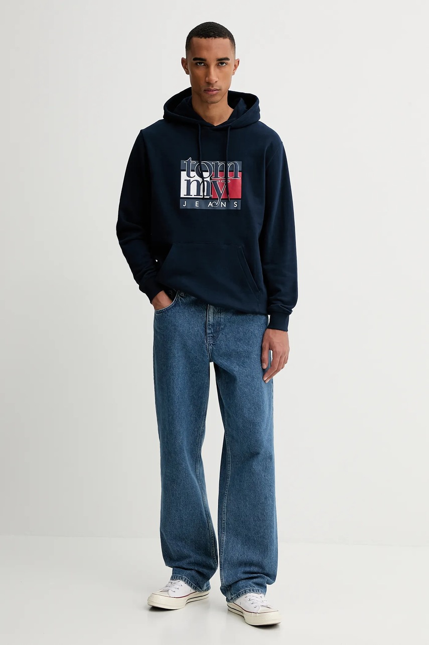 Хлопковая кофта Tommy Jeans цвет синий с капюшоном с принтом DM0DM22092