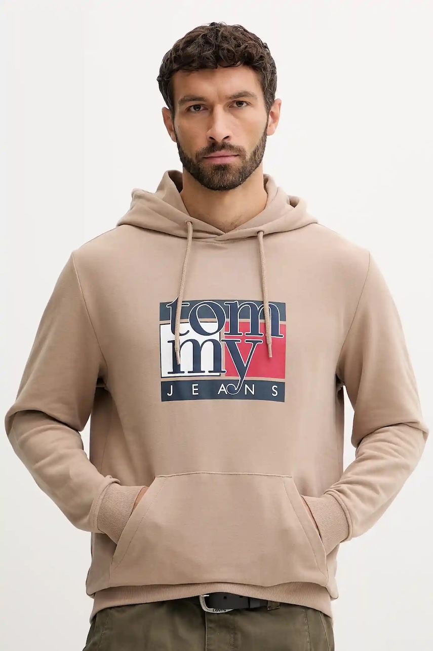 Tommy Jeans hanorac de bumbac culoarea maro, cu glugă, cu imprimeu, DM0DM22092