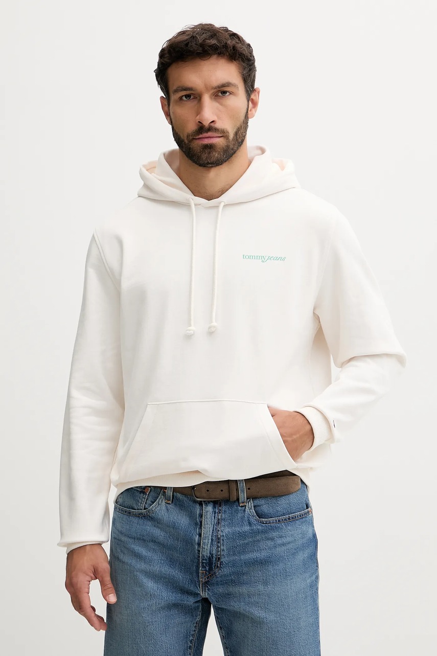Хлопковая кофта Tommy Jeans цвет бежевый с капюшоном с принтом DM0DM22112