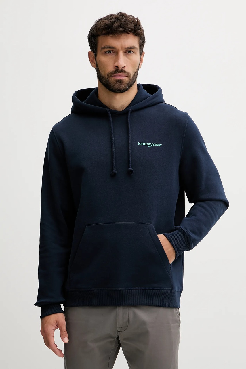 Хлопковая кофта Tommy Jeans цвет синий с капюшоном с принтом DM0DM22112