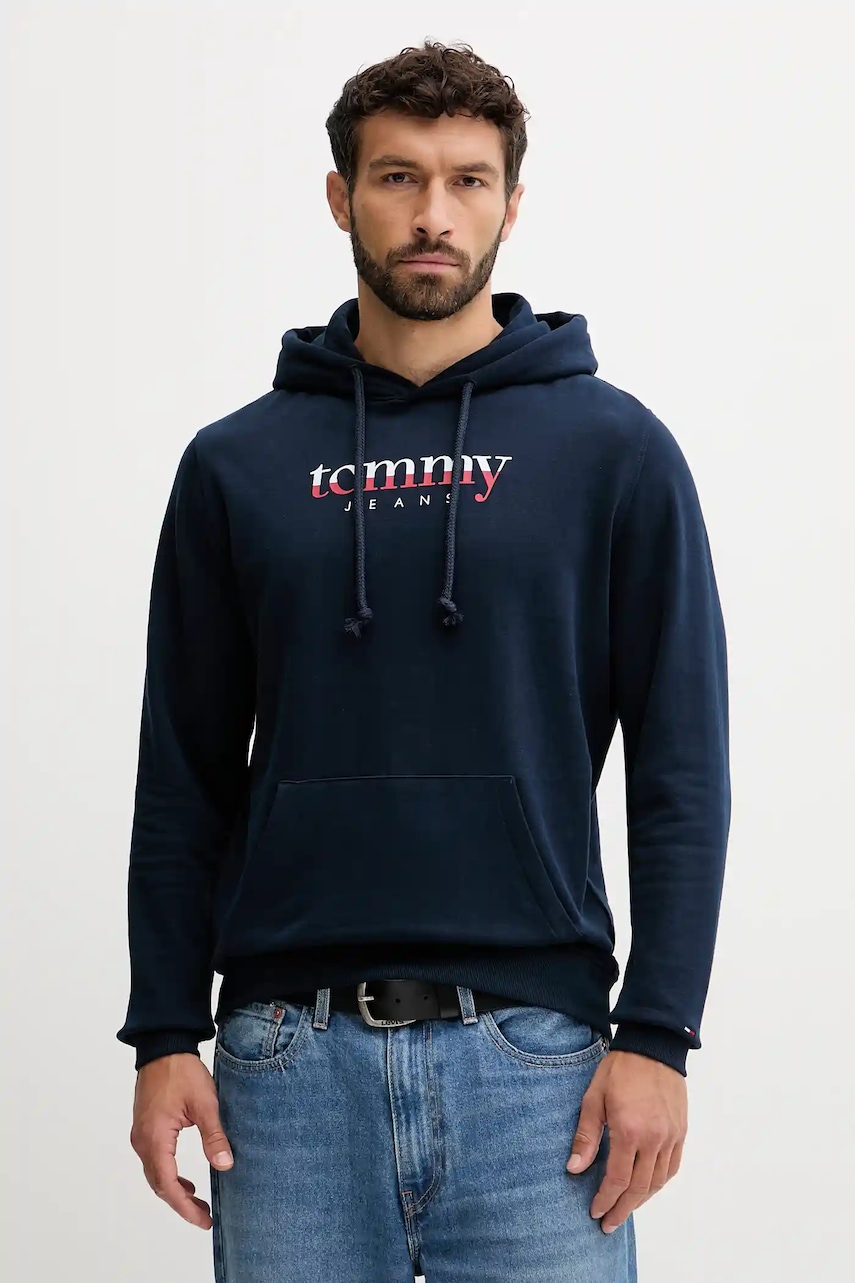 Levně Bavlněná mikina Tommy Jeans pánská, tmavomodrá barva, s kapucí, s potiskem, DM0DM22113