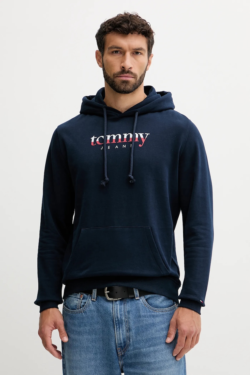 Tommy Jeans hanorac de bumbac culoarea bleumarin, cu glugă, cu imprimeu, DM0DM22113