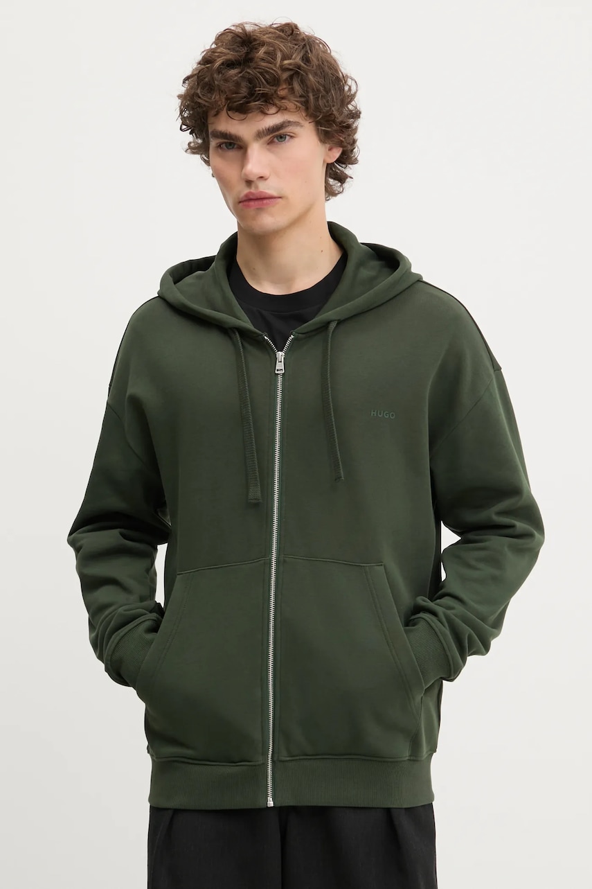 HUGO hanorac de bumbac culoarea verde, cu glugă, cu imprimeu, 50548651