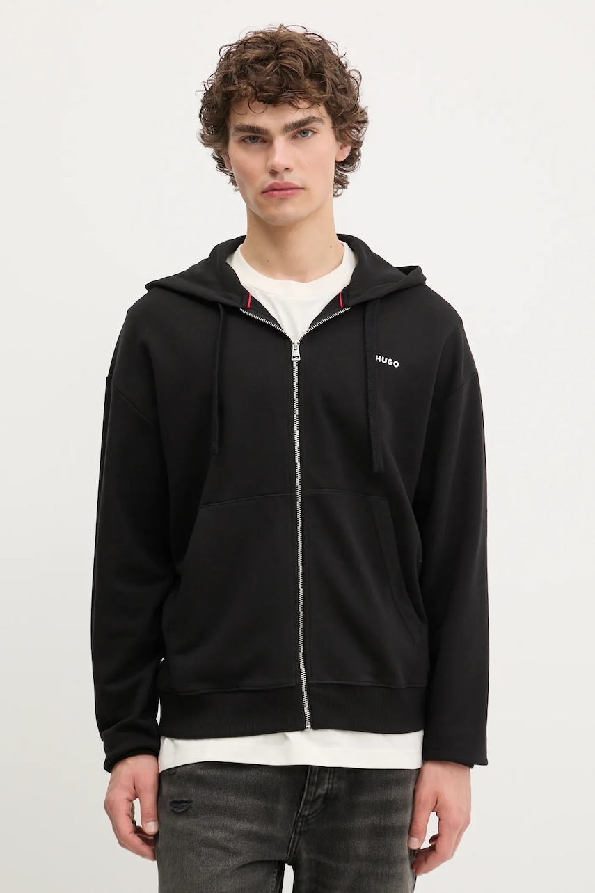 HUGO hanorac de bumbac culoarea negru, cu glugă, cu imprimeu, 50548651