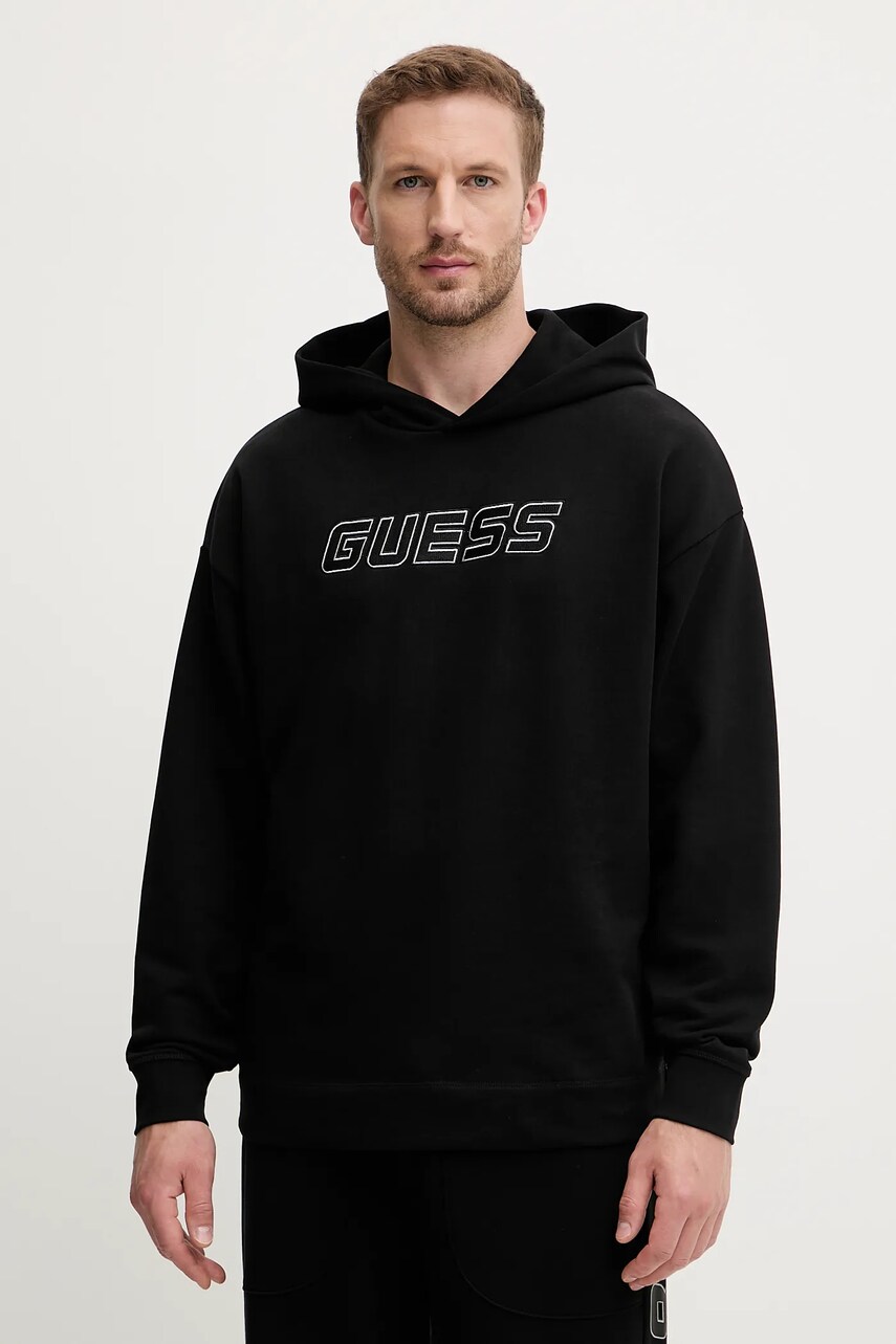 Levně Bavlněná mikina Guess MENTORE pánská, černá barva, s kapucí, s aplikací, Z5YQ00 KCE91