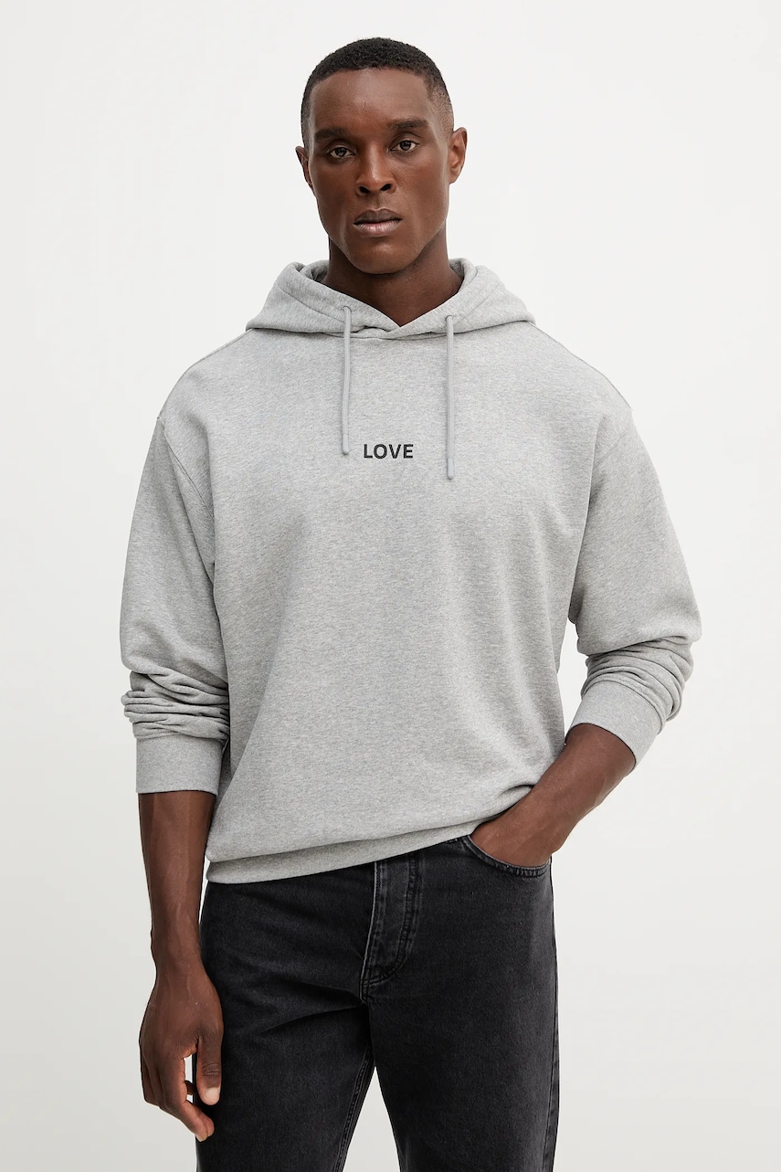 United Colors of Benetton hanorac de bumbac culoarea gri, cu glugă, cu imprimeu, 3Y9YU201Y