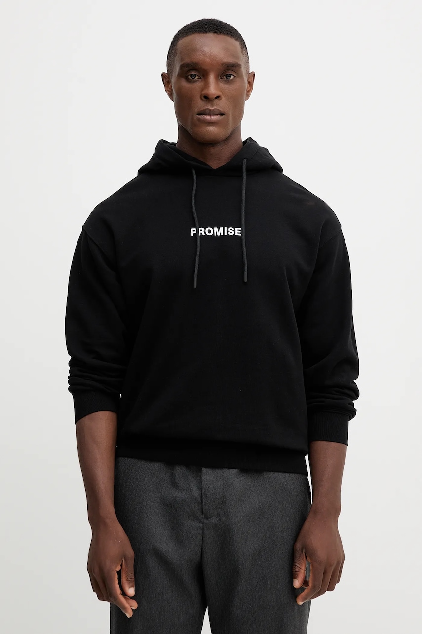 United Colors of Benetton hanorac de bumbac culoarea negru, cu glugă, cu imprimeu, 3Y9YU201Y