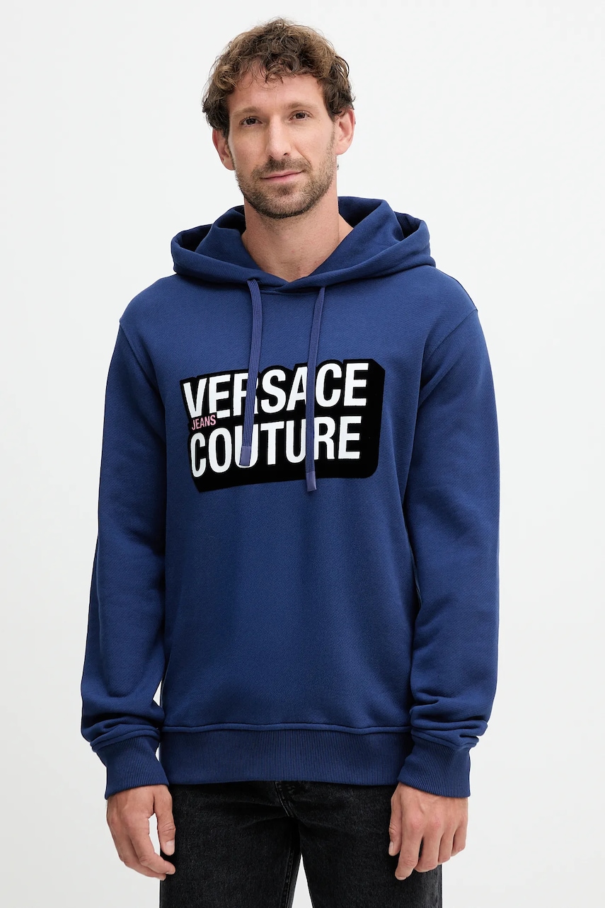 Versace Jeans Couture hanorac de bumbac culoarea bleumarin, cu glugă, cu imprimeu, 79GAIP05 CF07P
