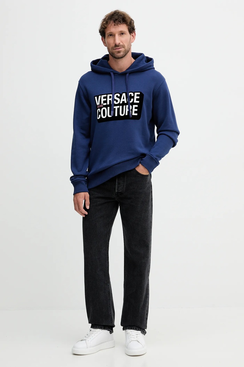 Хлопковая кофта Versace Jeans Couture цвет синий с капюшоном с принтом 79GAIP05 CF07P