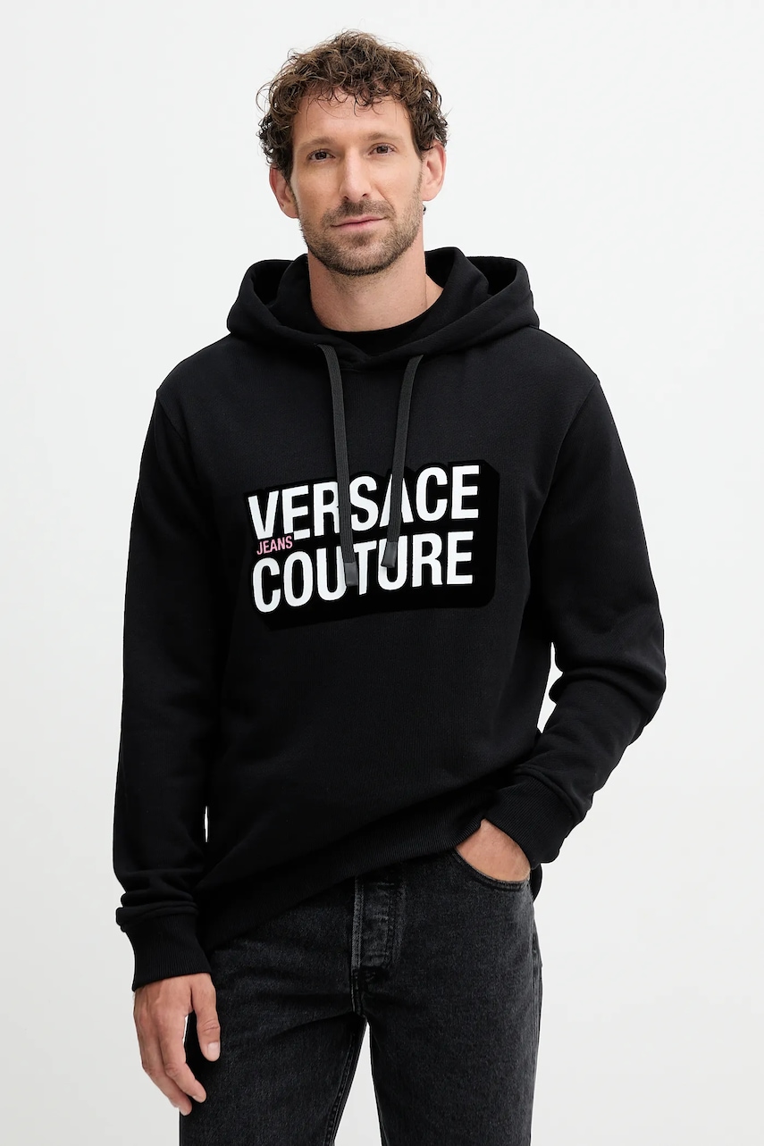 Versace Jeans Couture hanorac de bumbac culoarea negru, cu glugă, cu imprimeu, 79GAIP05 CF07P
