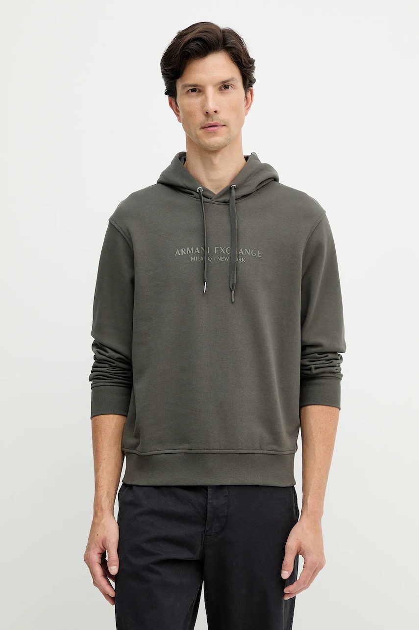 Armani Exchange hanorac de bumbac culoarea verde, cu glugă, cu imprimeu, XM001294 AF20934