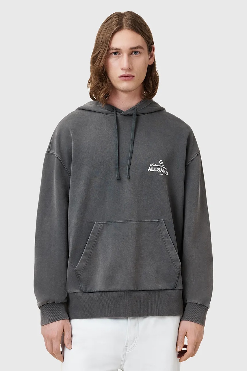 Levně Bavlněná mikina AllSaints SOLEIL pánská, šedá barva, s kapucí, s potiskem, M016NC