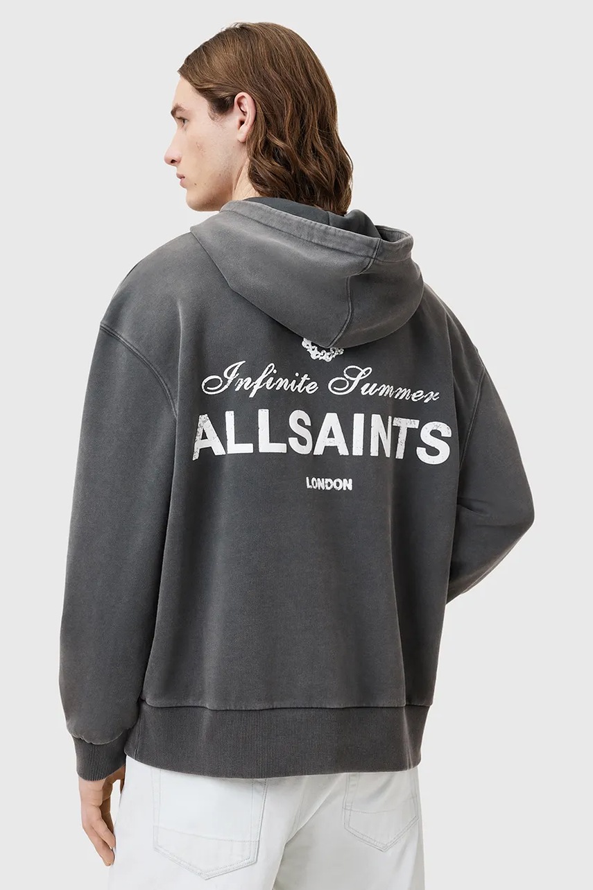 Хлопковая кофта AllSaints SOLEIL цвет серый с капюшоном с принтом M016NC