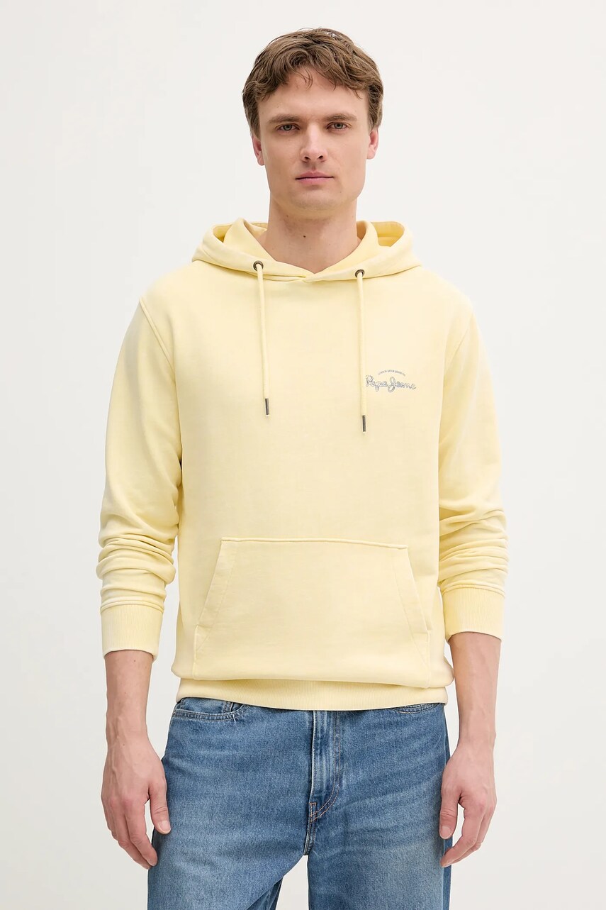 Pepe Jeans hanorac din bumbac culoarea galben, cu glugă, cu imprimeu, PM582916