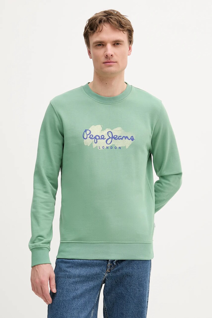 Pepe Jeans hanorac de bumbac culoarea verde, cu imprimeu, PM582921