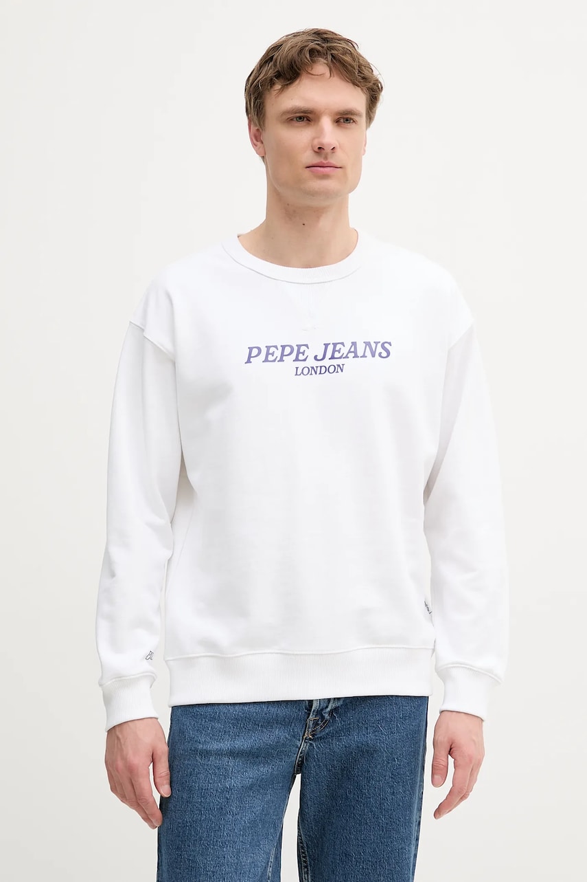 Pepe Jeans hanorac de bumbac culoarea alb, cu imprimeu, PM582922