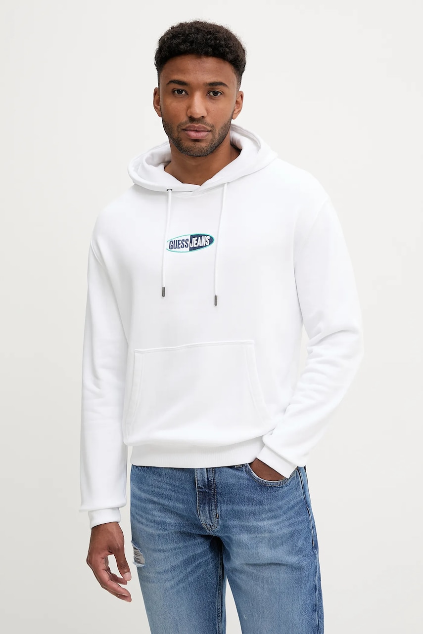 Levně Bavlněná mikina Guess Jeans pánská, bílá barva, s kapucí, s aplikací, M5YQ02 KCPR1