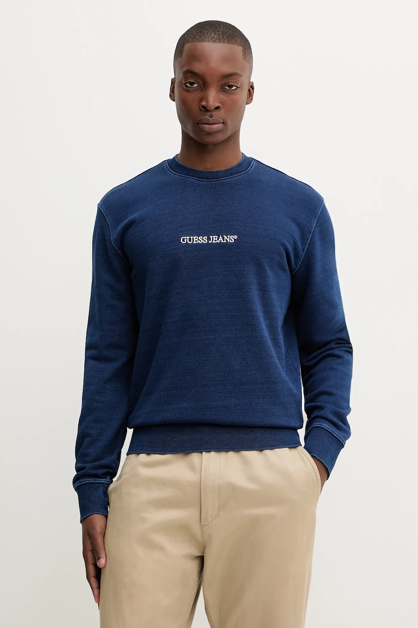 Levně Bavlněná mikina Guess Jeans pánská, modrá barva, s aplikací, M5YQ06 KCXQ1