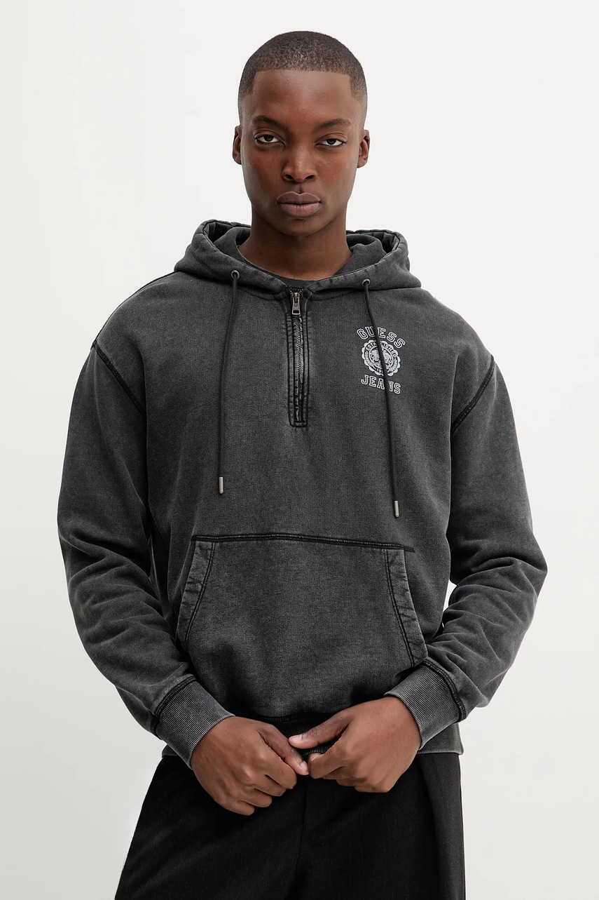 Levně Bavlněná mikina Guess Jeans pánská, šedá barva, s kapucí, s potiskem, M5YQ14 KCPR1