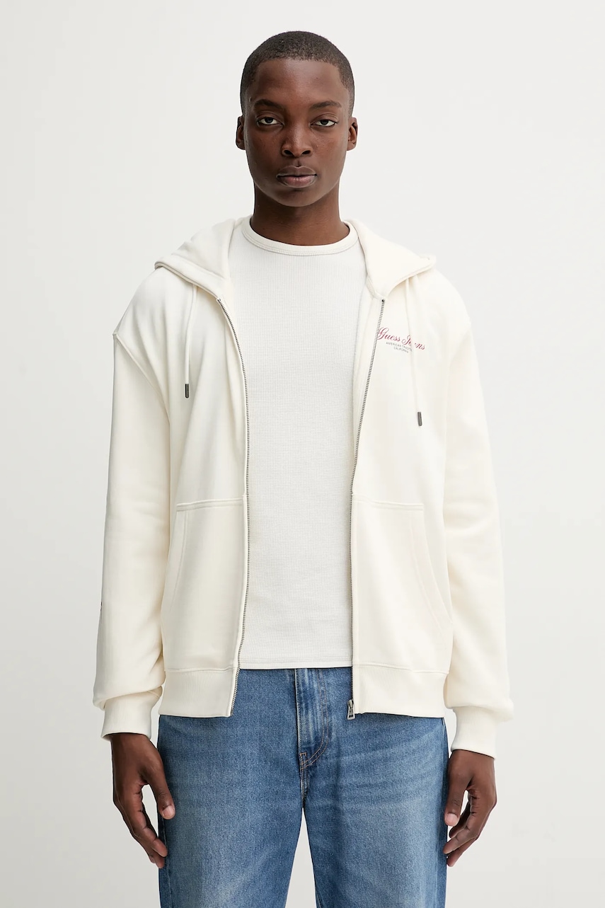 Levně Bavlněná mikina Guess Jeans pánská, béžová barva, s kapucí, s potiskem, M5YQ15 KCPR1