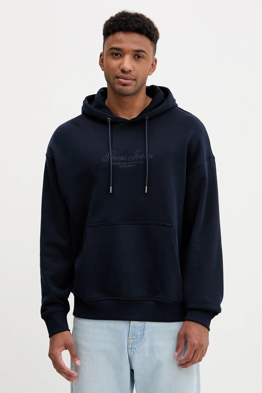 Levně Bavlněná mikina Guess Jeans pánská, tmavomodrá barva, s kapucí, hladká, M5YQ16 KCPR1