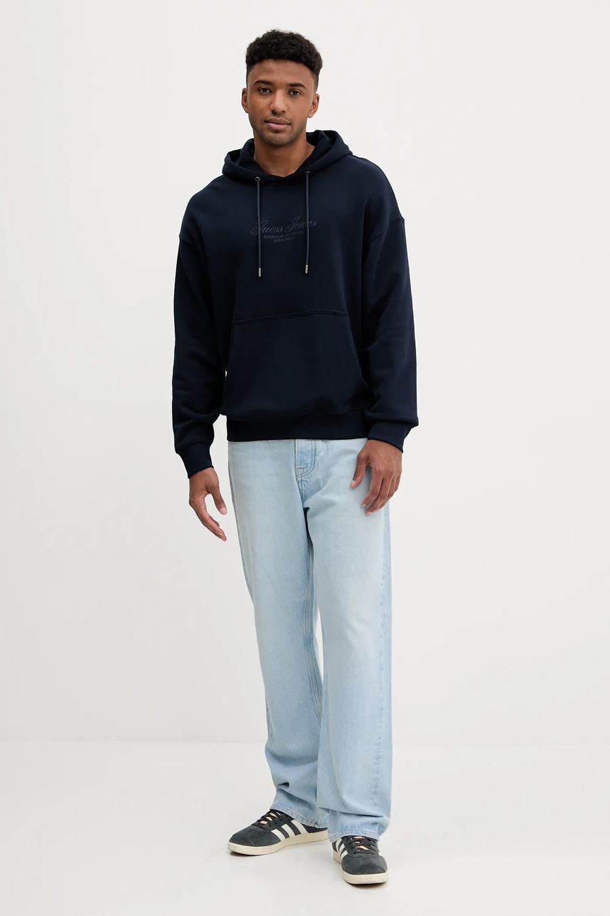 Хлопковая кофта Guess Jeans цвет синий с капюшоном однотонная M5YQ16 KCPR1