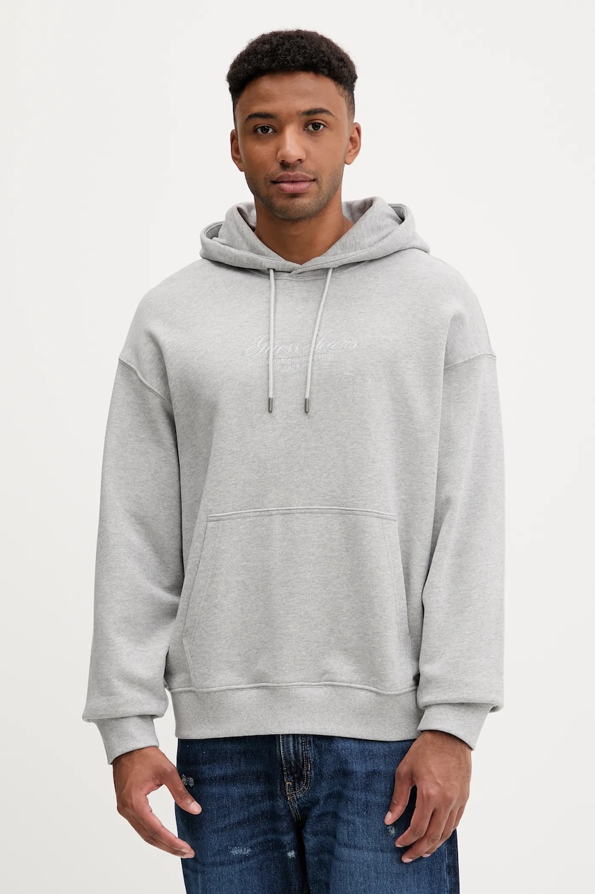 Levně Bavlněná mikina Guess Jeans pánská, šedá barva, s kapucí, hladká, M5YQ16 KCPR1