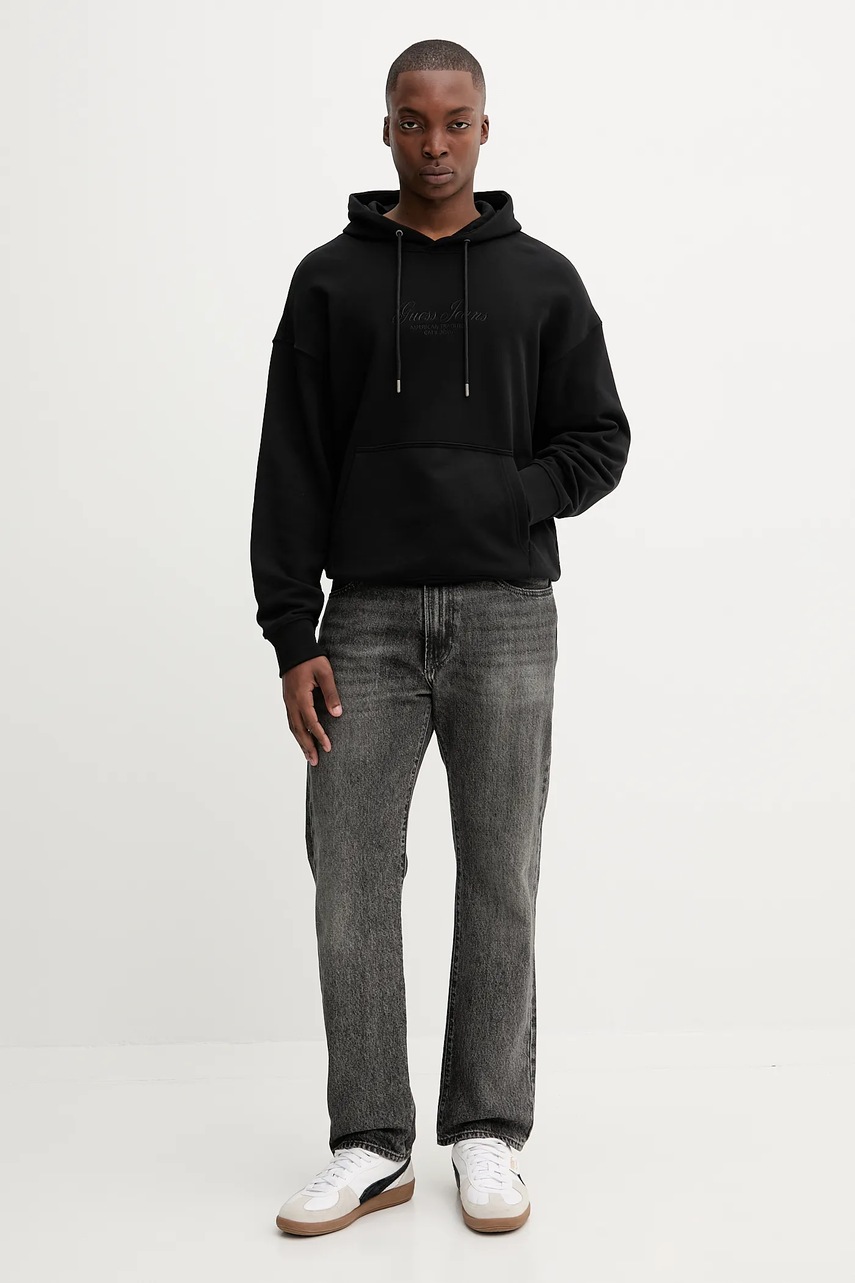 Хлопковая кофта Guess Jeans цвет чёрный с капюшоном однотонная M5YQ16 KCPR1