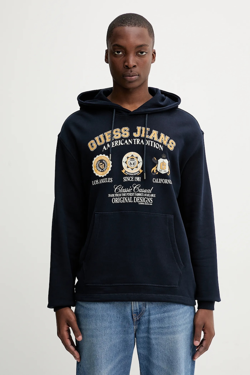 Levně Bavlněná mikina Guess Jeans pánská, tmavomodrá barva, s kapucí, s potiskem, M5YQ18 KCPR1