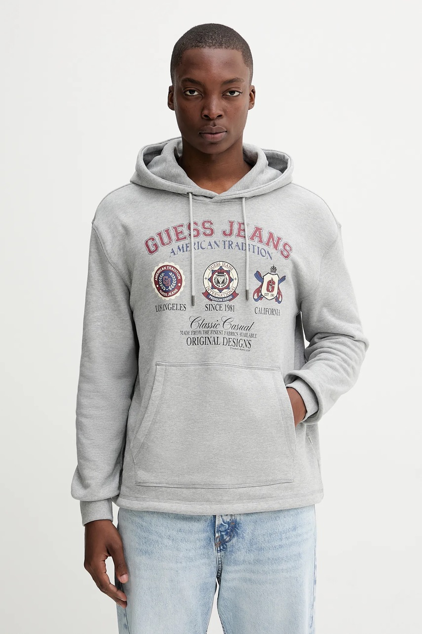 Levně Bavlněná mikina Guess Jeans pánská, šedá barva, s kapucí, s potiskem, M5YQ18 KCPR1