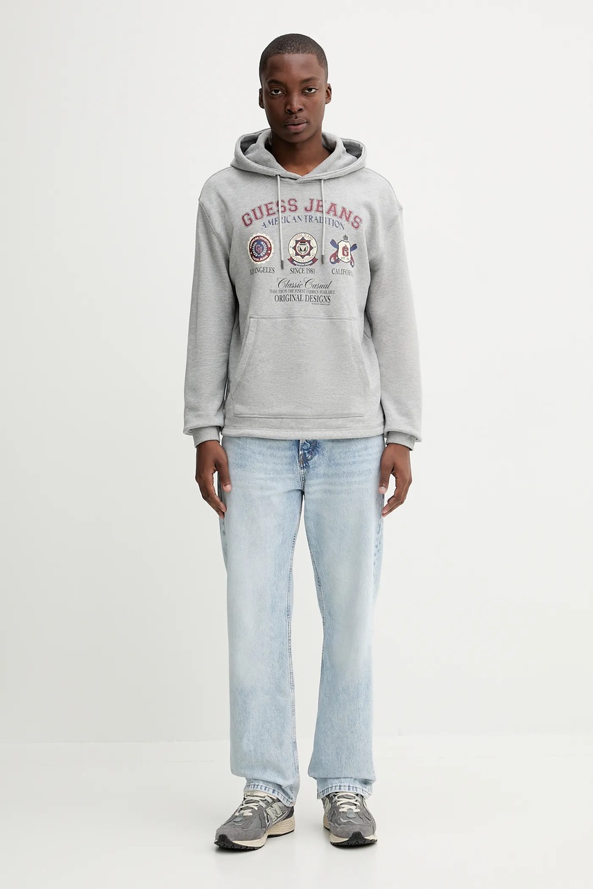 Хлопковая кофта Guess Jeans цвет серый с капюшоном с принтом M5YQ18 KCPR1