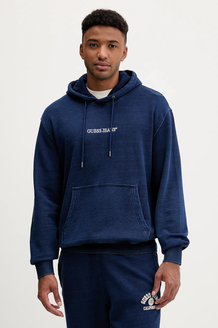 Levně Bavlněná mikina Guess Jeans pánská, tmavomodrá barva, s kapucí, hladká, M5YQ27 KCXQ1