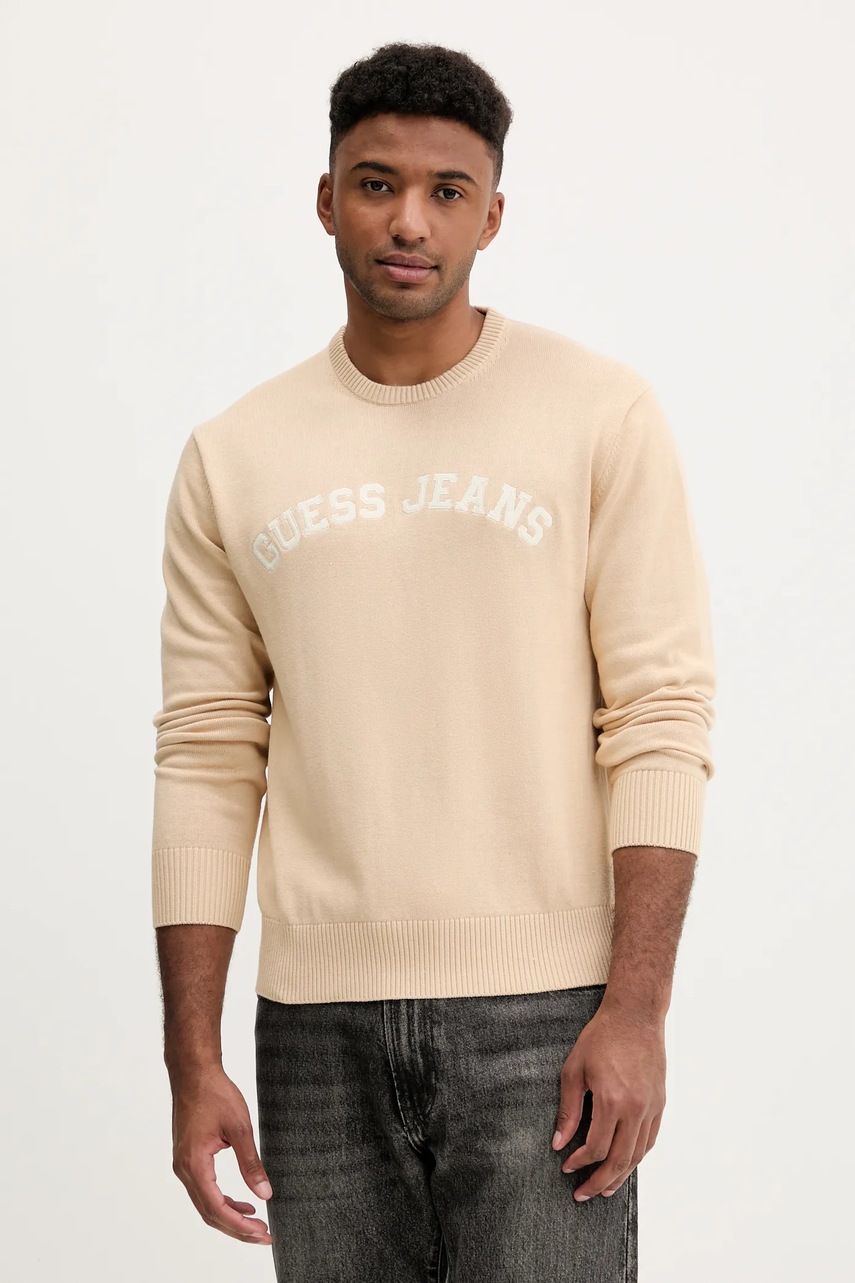 Levně Bavlněný svetr Guess Jeans pánský, béžová barva, M5YR18 Z3HM1