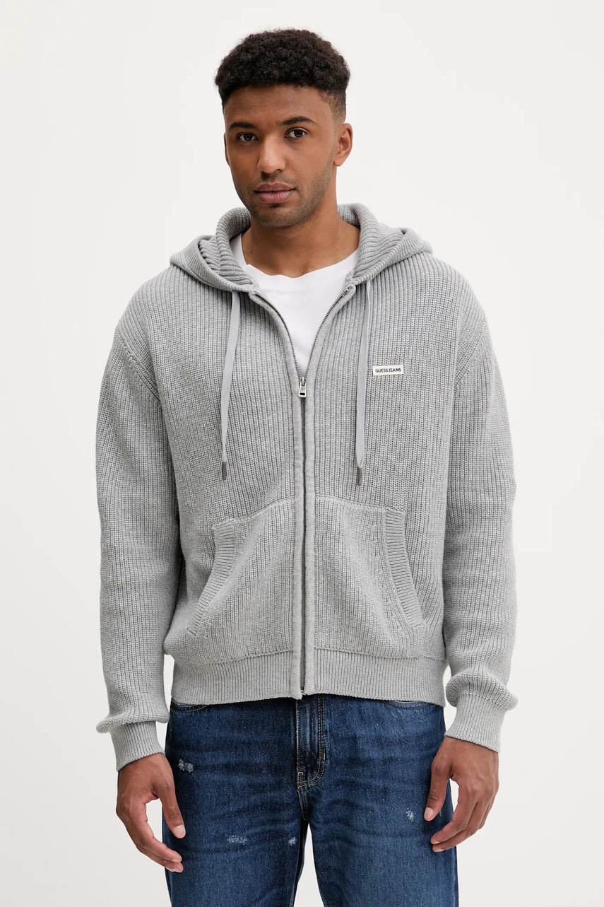 Levně Bavlněný kardigan Guess Jeans pánský, šedá barva, M5YR20 Z3P41