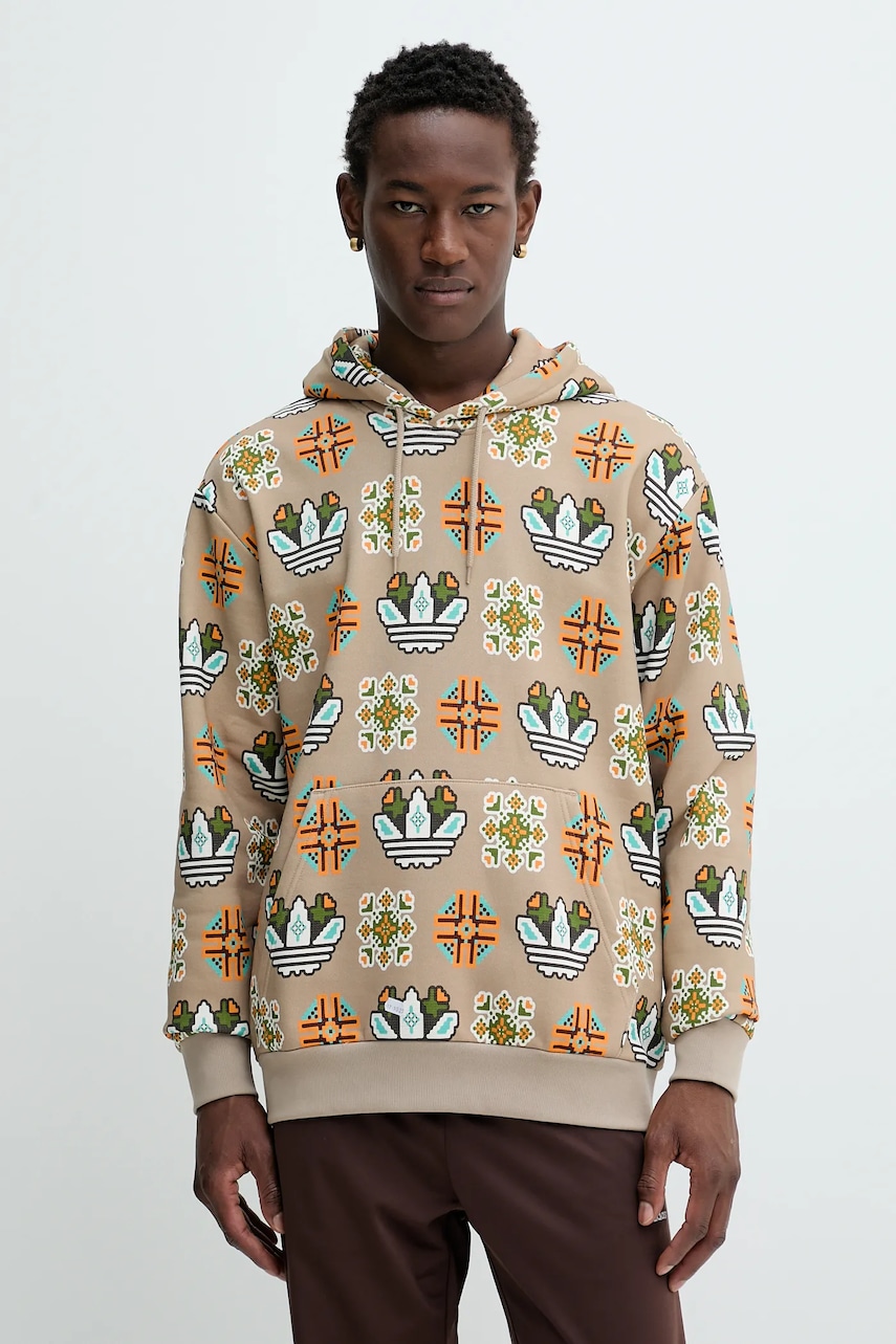 adidas Originals bluză Graphic Lo Hd culoarea bej, cu glugă, cu imprimeu, JW1084