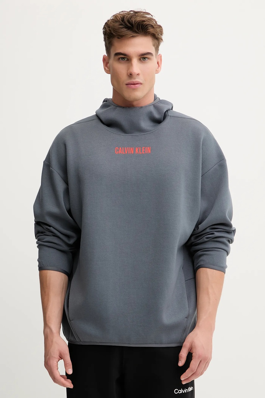 Levně Mikina Calvin Klein Performance pánská, šedá barva, s kapucí, s potiskem, LVGMF5W308