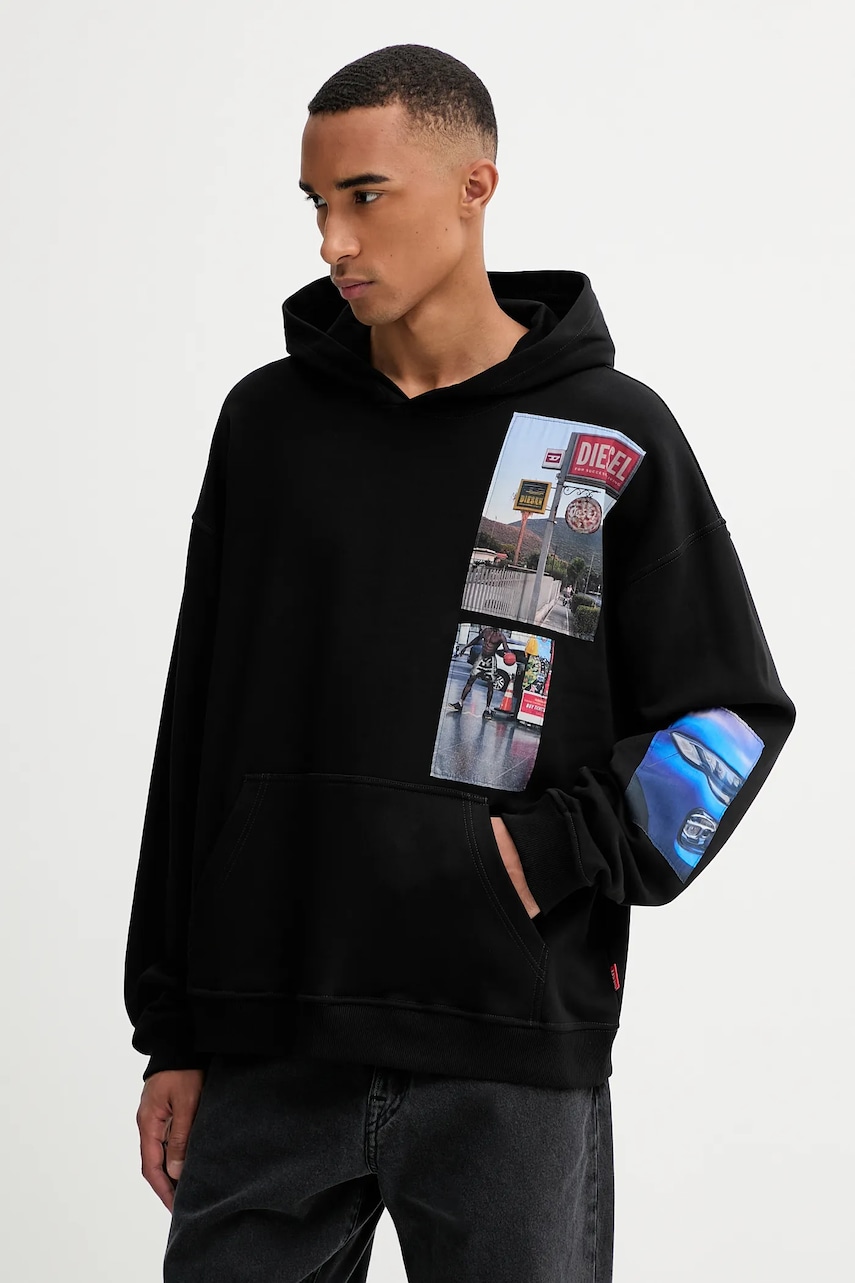 Diesel hanorac de bumbac S-BOXT-HOOD-T6 culoarea negru, cu glugă, cu imprimeu, A19642.0BMBJ