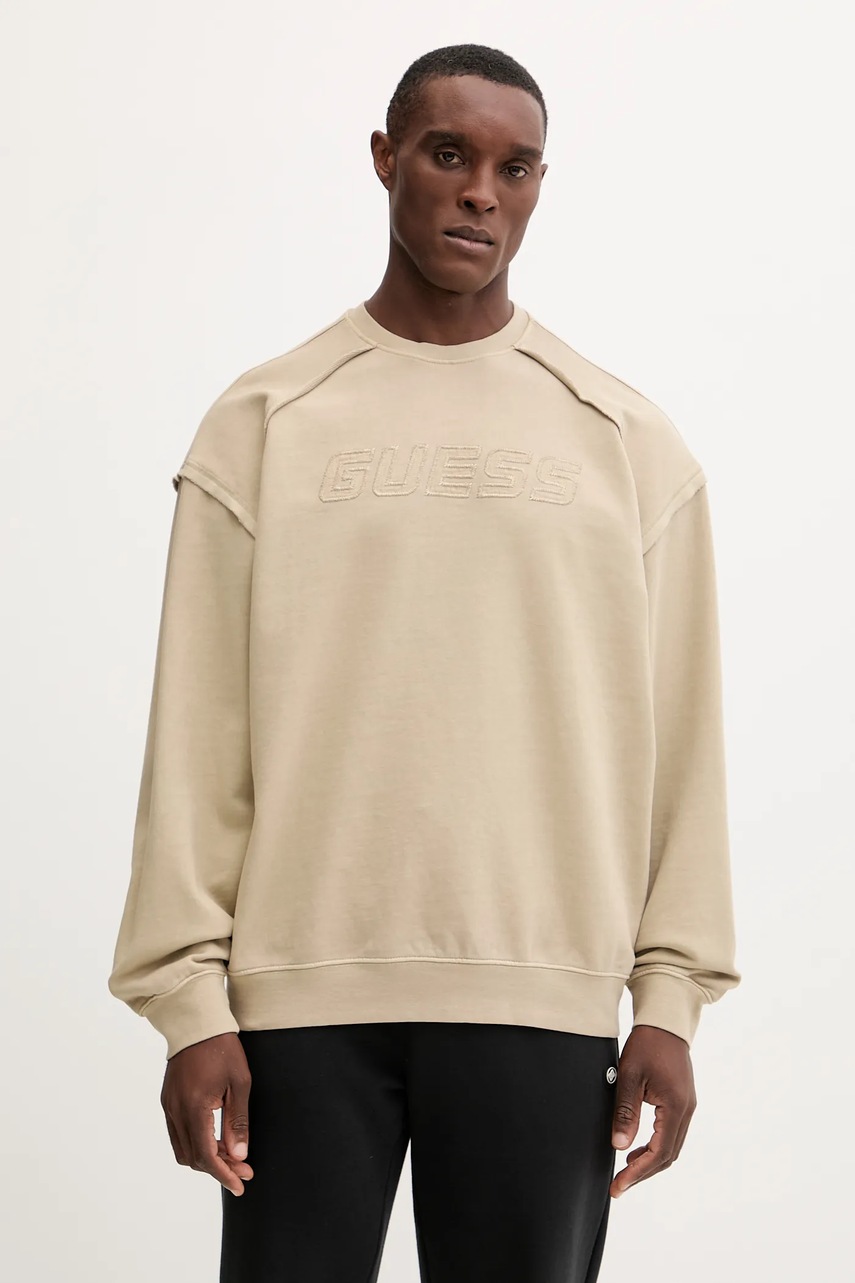 

Памучен суичър Guess LASI мъжки в зелено с апликация Z5BQ09 KCE91, Бежов