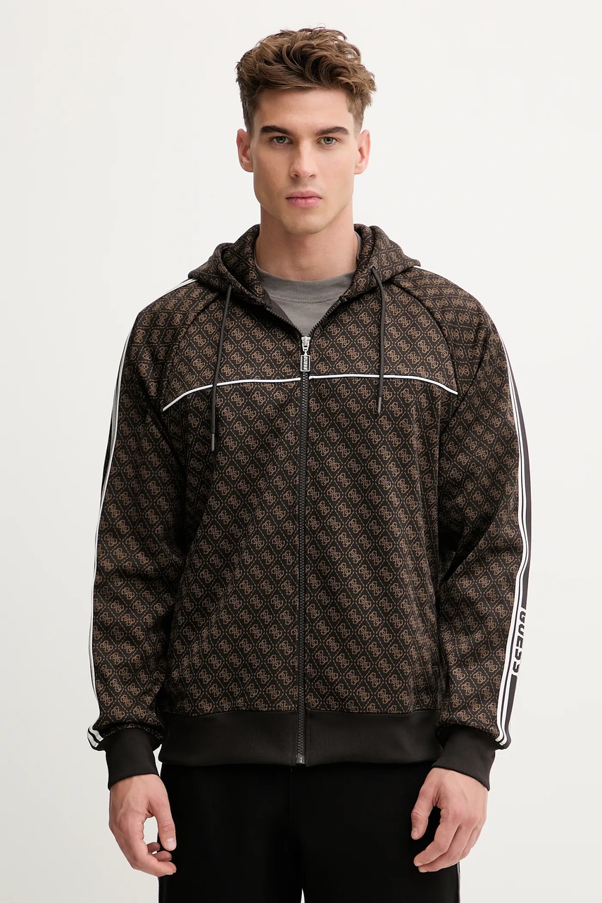 Levně Mikina Guess PARIMO pánská, hnědá barva, s kapucí, vzorovaná, Z5BQ13 K2042